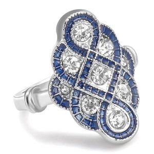 Stunning Inlayed Rhinestone Ring SIlver Tone Metal Blue Sparkle Large New Gift